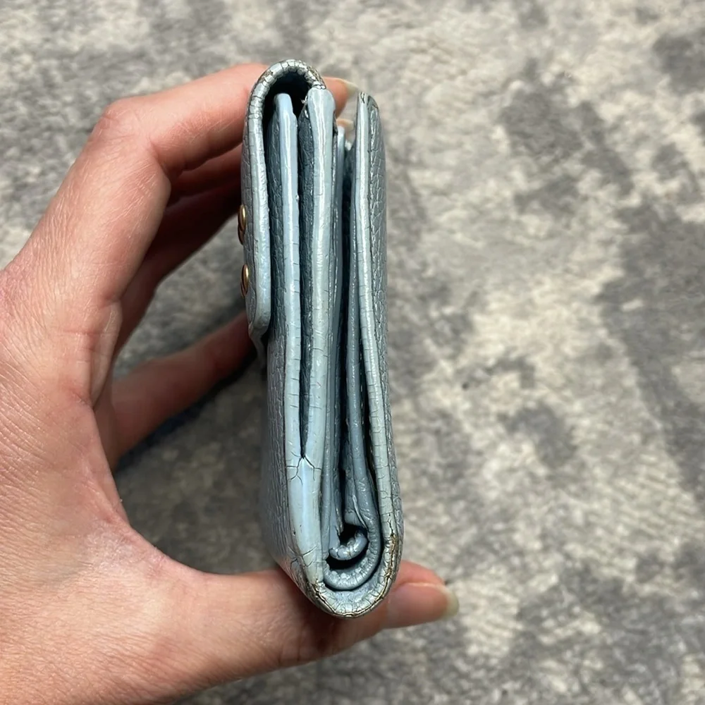 Celine Studded Pebbled Leather Compact Wallet Powder Blue Extra Card Holders